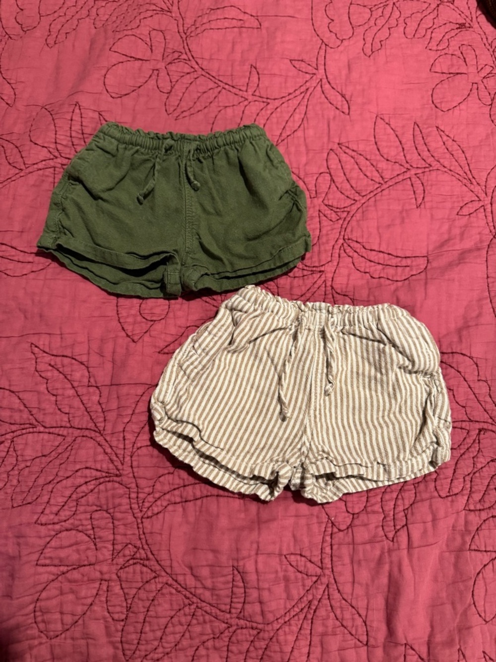 Old Navy Linen Olive Green & Beige Striped Baby Shorts w/Drawstring Waist 18-24m